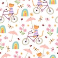 Spring seamless pattern with cartoon cats on bicycles, flowers, rainbows, umbrella, dÃÂ©cor elements.